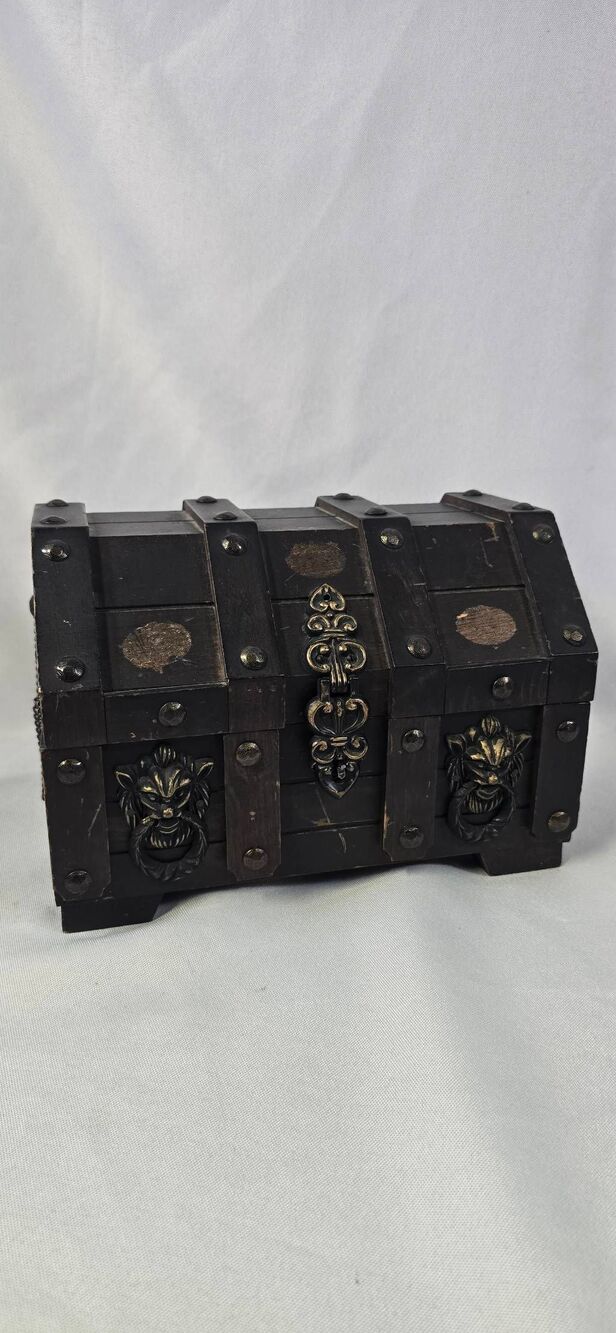 Mid Century Wood Chest Jewelry Box Made In Japan Lions Heads Gothic